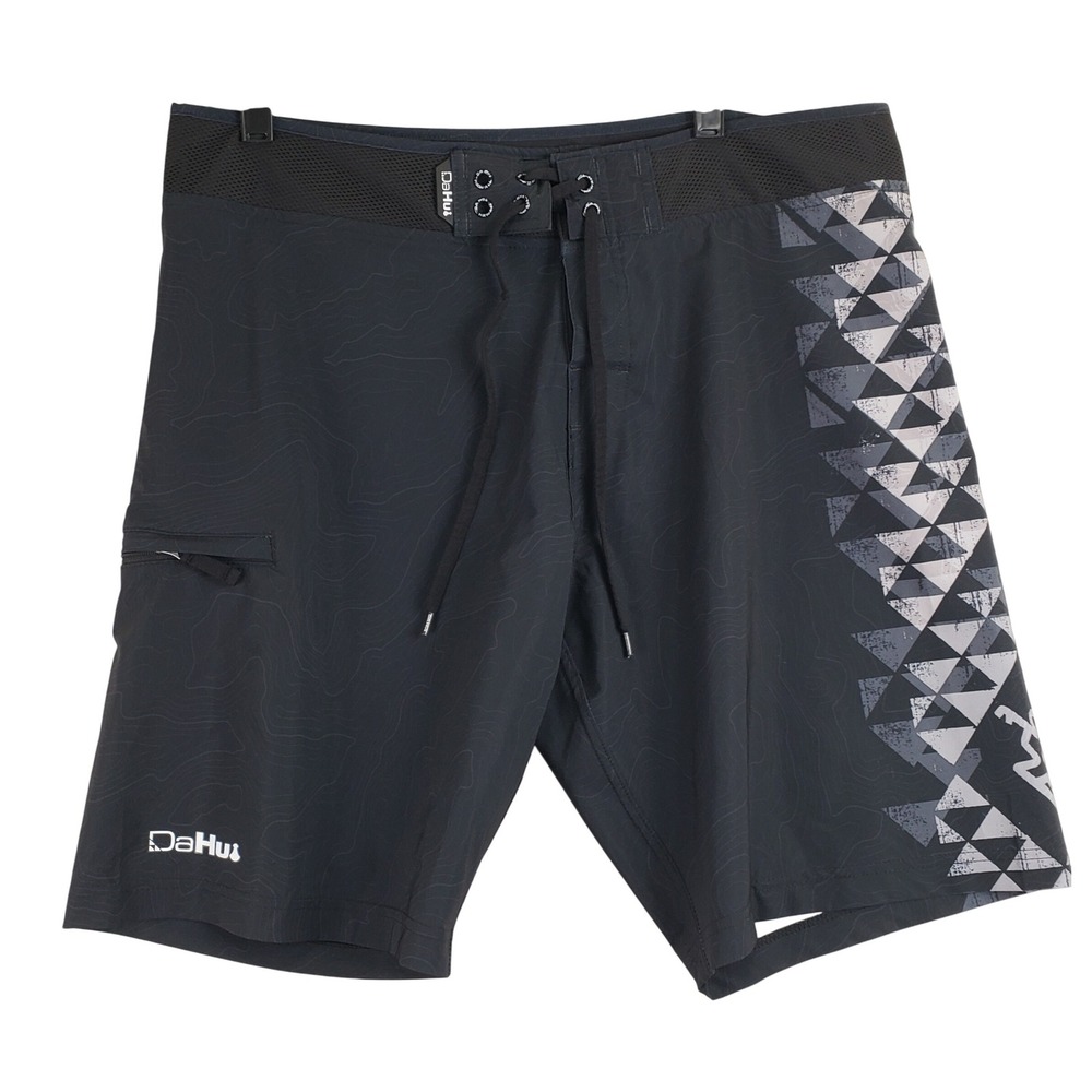 DaHui Board Shorts Mens 34 Black Topographic Geometric Surf Swim Trunks